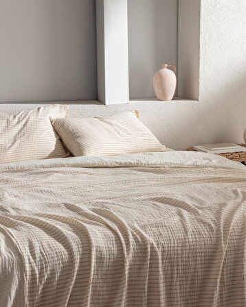 Agnes Çift Kişilik Müslin İpliği Boyalı Lastikli Nevresim Takımı - Bej