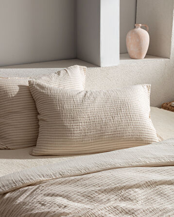 Agnes Çift Kişilik Müslin İpliği Boyalı Lastikli Nevresim Takımı - Bej