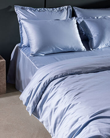 Thalie King Size %100 Pamuk Çizgili 300 TC Saten Nevresim Takımı - Mavi