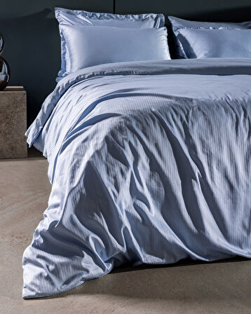 Thalie King Size %100 Pamuk Çizgili 300 TC Saten Nevresim Takımı - Mavi