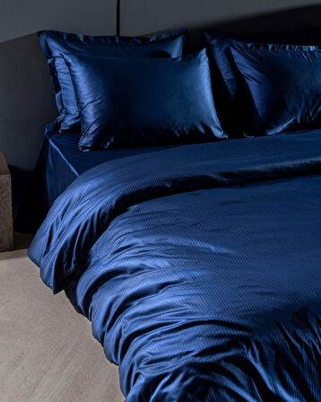 Thalie King Size %100 Pamuk Çizgili 300 TC Saten Nevresim Takımı - Lacivert