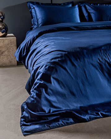 Thalie King Size %100 Pamuk Çizgili 300 TC Saten Nevresim Takımı - Lacivert