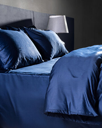 Thalie King Size %100 Pamuk Çizgili 300 TC Saten Nevresim Takımı - Lacivert