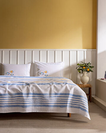 Caresse Çift Kişilik Pamuklu Ecocell Baskılı Pike Takımı - Mavi