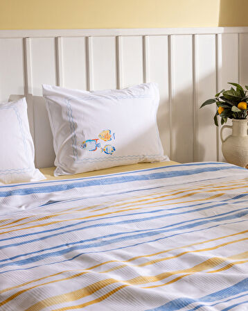 Caresse Çift Kişilik Pamuklu Ecocell Baskılı Pike Takımı - Mavi