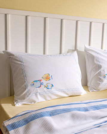 Caresse Çift Kişilik Pamuklu Ecocell Baskılı Pike Takımı - Mavi