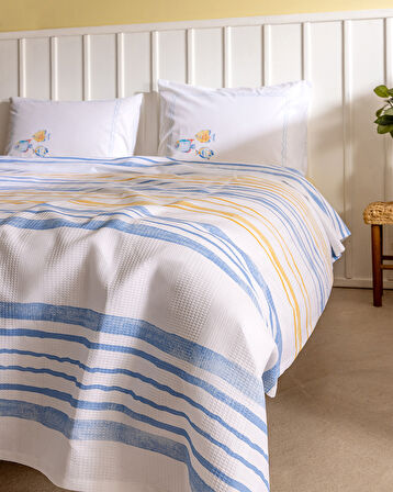 Caresse Çift Kişilik Pamuklu Ecocell Baskılı Pike Takımı - Mavi