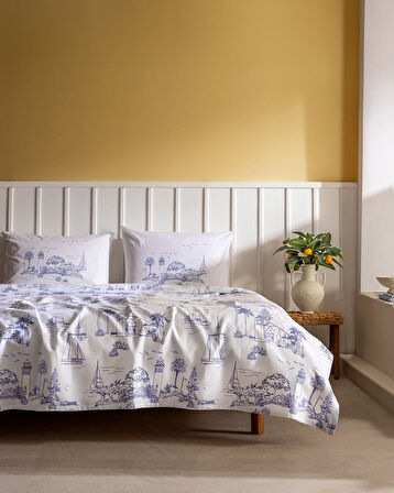 Bretta Tek Kişilik Pamuklu Ecocell Baskılı Pike Takımı - Mavi