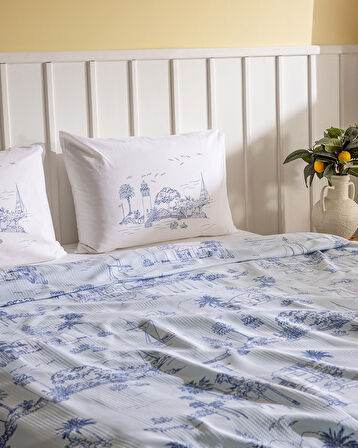 Bretta Tek Kişilik Pamuklu Ecocell Baskılı Pike Takımı - Mavi