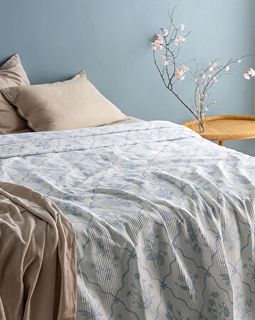 Rotule King Size %100 Pamuk Karde Baskılı Pike - Mavi