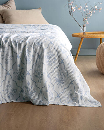 Rotule King Size %100 Pamuk Karde Baskılı Pike - Mavi