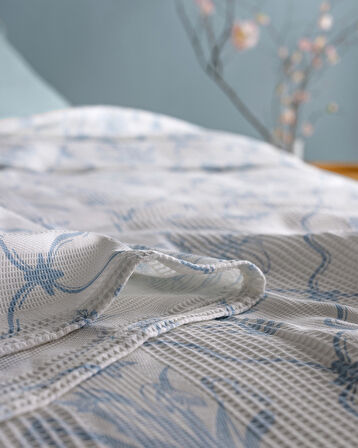 Rotule King Size %100 Pamuk Karde Baskılı Pike - Mavi