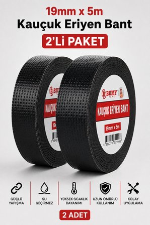 (2 ADET) Kauçuk Eriyen Bant Set 15mm x 5 Metre Kendinden Kaynayan İzolasyon Bandı Su Geçirmez Kablo Tamir ve Sızdırmazlık Bantları