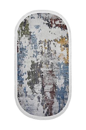 Dekoratif Dijital Saçaklı Oval Kesme Halı Yolluk Antialaerjik Modern Mavi