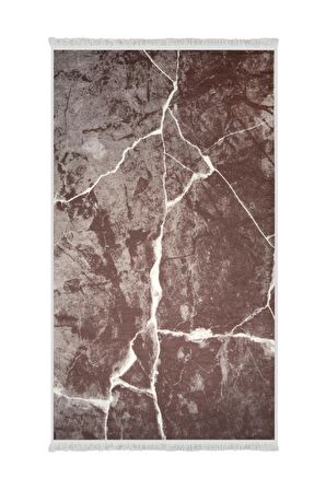 Dekoratif Dijital Saçaklı Kesme Halı Yolluk Yıkanabilir Antialaerjik Granit Kahve 60x150 cm