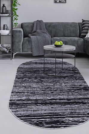 DijiDekor YM4700 Gri Siyah Saçaksız Dijital Oval Halı Kaymaz Yıkanabilir Yolluk