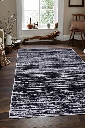 DijiDekor YM4700 Gri Siyah Saçaksız Dijital Halı Kaymaz Yıkanabilir Yolluk (60X100)(50X60)