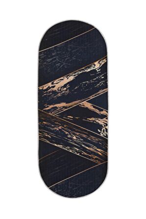 DijiDekor Siyah Gold Saçaksız Dijital Oval Halı Kaymaz Yıkanabilir Yolluk