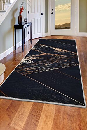DijiDekor Siyah Gold Saçaksız Dijital Halı Kaymaz Yıkanabilir Yolluk