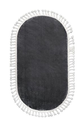 DijiDekor Koyu Gri Oval Post Dokuma Halı Saçaklı Peluş Yumuşacık Kaymaz Antibakteriyel 100X150