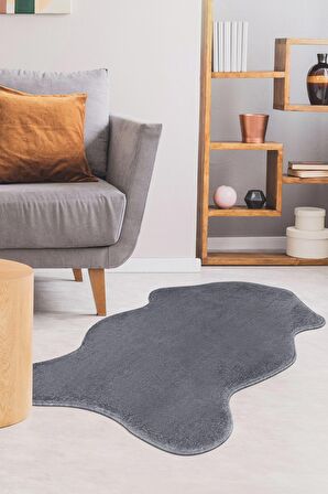 DijiDekor Koyu Gri Şekilli Post Dokuma Halı Peluş Tavşan Tüyü Hissi Antibakteriyel