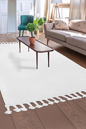 DijiDekor Beyaz Post Dokuma Halı Saçaklı Peluş Yumuşacık Kaymaz Antibakteriyel