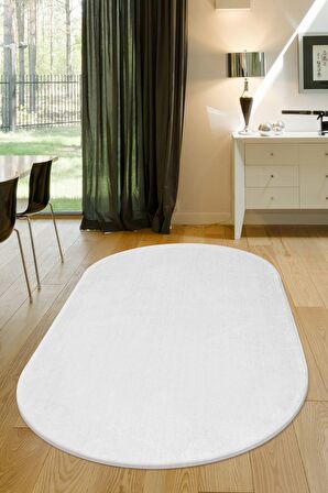 DijiDekor Beyaz Oval Post Dokuma Halı Peluş Yumuşacık Kaymaz Antibakteriyel 100X150
