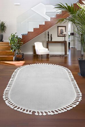 DijiDekor Açık Gri Oval Post Dokuma Halı Saçaklı Peluş Yumuşacık Kaymaz