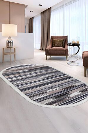 DijiDekor Köln Kahve Saçaklı Dijital Oval Halı Kaymaz Yıkanabilir Yolluk