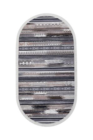 DijiDekor Köln Kahve Saçaklı Dijital Oval Halı Kaymaz Yıkanabilir Yolluk