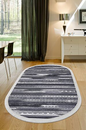 DijiDekor Köln Gri Saçaklı Dijital Oval Halı Kaymaz Yıkanabilir Yolluk