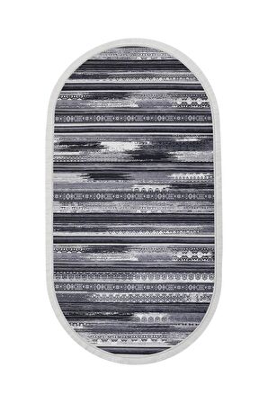 DijiDekor Köln Gri Saçaklı Dijital Oval Halı Kaymaz Yıkanabilir Yolluk