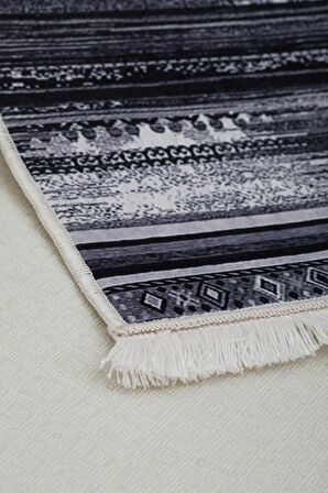 DijiDekor Köln Gri Saçaklı Dijital Halı Kaymaz Yıkanabilir Yolluk