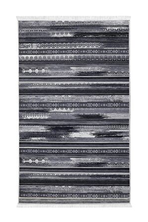 DijiDekor Köln Gri Saçaklı Dijital Halı Kaymaz Yıkanabilir Yolluk