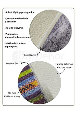 DijiDekor K1300 Patchwork Saçaksız Dijital Oval Halı Kaymaz Yıkanabilir Mutfak Antre Salon Halısı