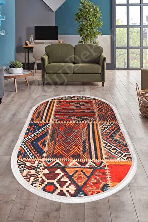 DijiDekor K1300 Patchwork Saçaklı Dijital Oval Halı Kaymaz Yıkanabilir Oda Mutfak Antre Salon Halıs