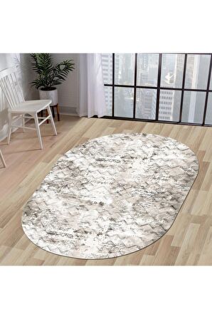 DijiDekor K1280 Bej Saçaksız Dijital Oval Halı Kaymaz Yıkanabilir Mutfak Antre Salon Halısı 100X150