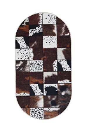 DijiDekor DR01 Kahve Saçaksız Dijital Oval Halı Kaymaz Yıkanabilir Yolluk