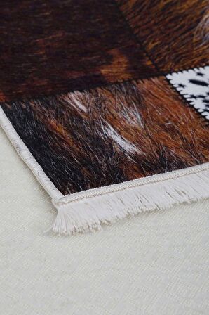 DijiDekor DR01 Kahve Saçaklı Dijital Halı Kaymaz Yıkanabilir Yolluk