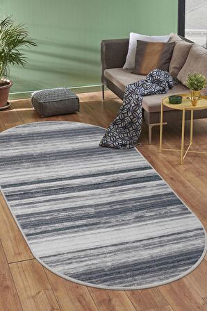 DijiDekor 9026 Gri Saçaksız Dijital Oval Halı Kaymaz Yıkanabilir Yolluk