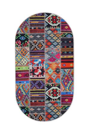 DijiDekor 9010 Patchwork Temalı Saçaksız Dijital Oval Halı Kaymaz Yıkanabilir Yolluk 100X150