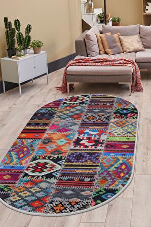 DijiDekor 9010 Patchwork Temalı Saçaksız Dijital Oval Halı Kaymaz Yıkanabilir Yolluk 100X150