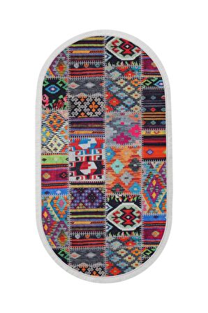 DijiDekor 9010 Patchwork Temalı Saçaklı Dijital Oval Halı Kaymaz Yıkanabilir Yolluk 100X150