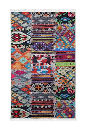 DijiDekor 9010 Patchwork Temalı Saçaklı Dijital Halı Kaymaz Yıkanabilir Yolluk 100X150