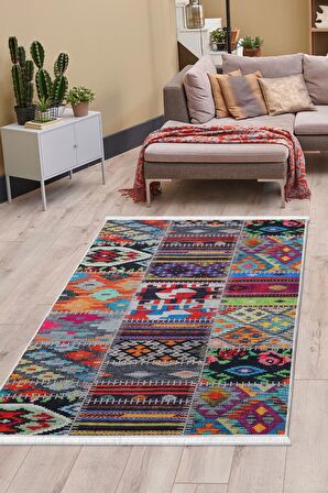 DijiDekor 9010 Patchwork Temalı Saçaklı Dijital Halı Kaymaz Yıkanabilir Yolluk 100X150