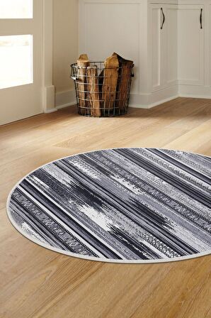 DijiDekor Köln Gri Saçaksız Dijital Yuvarlak Halı Kaymaz Yıkanabilir
