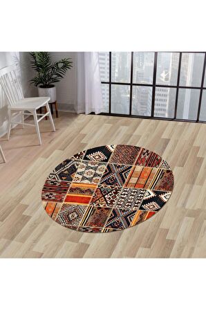 DijiDekor K1300 Patchwork Saçaksız Dijital Yuvarlak Halı Kaymaz Yıkanabilir Mutfak Salon Halısı