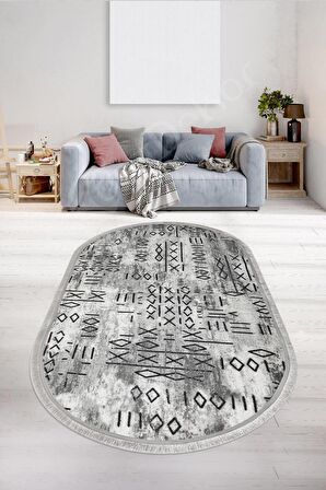 DijiDekor Delüxe İskandinav Gri Saçaklı Oval Halı Yeni Model Salon Halısı