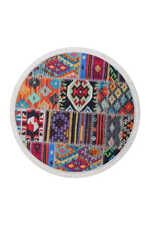 DijiDekor 9010 Patchwork Temalı Saçaklı Dijital Yuvarlak Halı Kaymaz Yıkanabilir 100X100