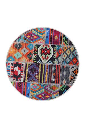 DijiDekor 9010 Patchwork Temalı Saçaksız Dijital Yuvarlak Halı Kaymaz Yıkanabilir 100X100